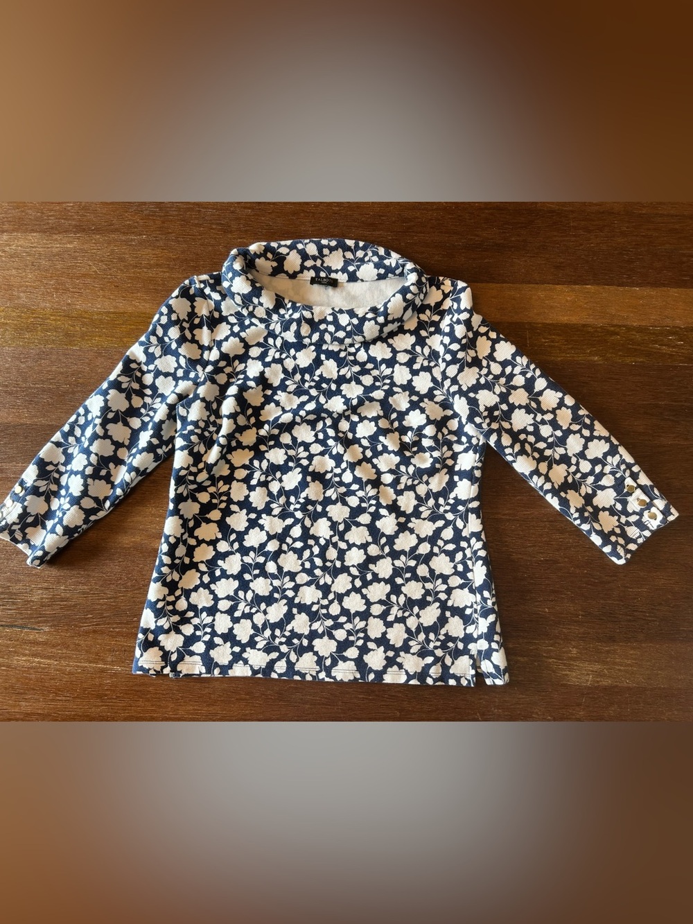 Talbots Floral Funnel Neck Tunic Top Navy Ivory Long Sleeve Size 12